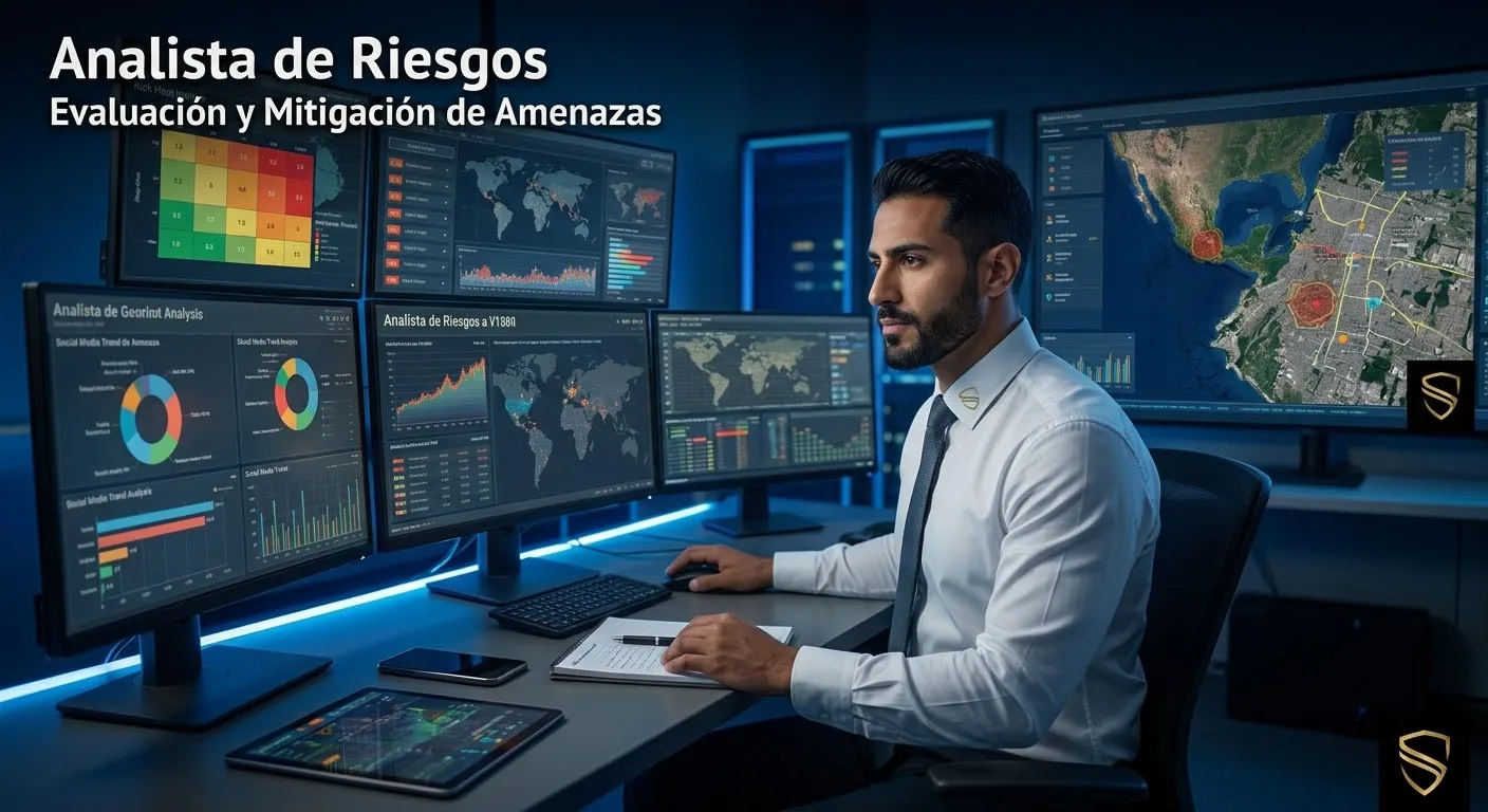 Analista de riesgos frente a pantallas de monitoreo y mapas